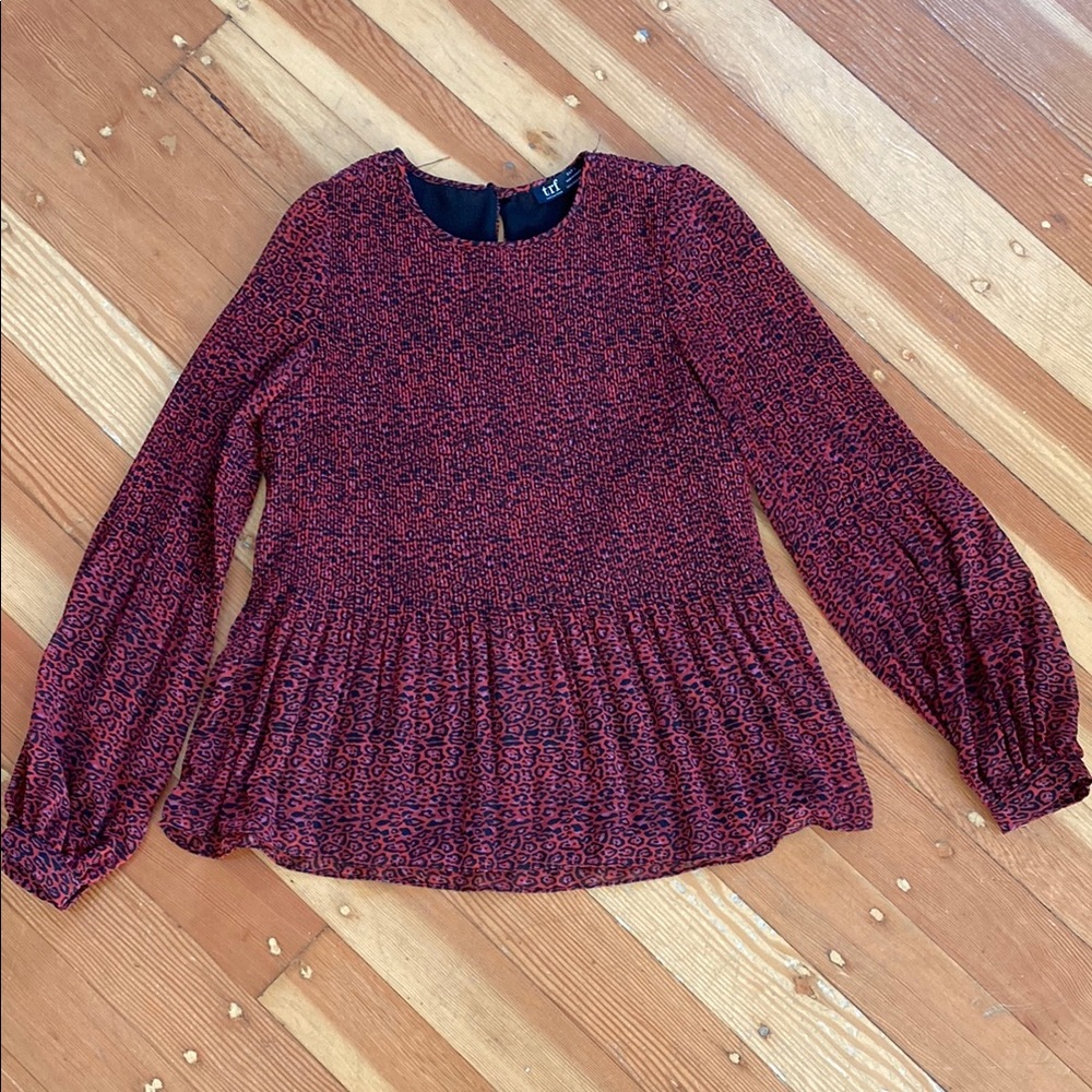 Trf Zara‎ Long Sleeve Mini Pleat Red Leopard Blouse Small
